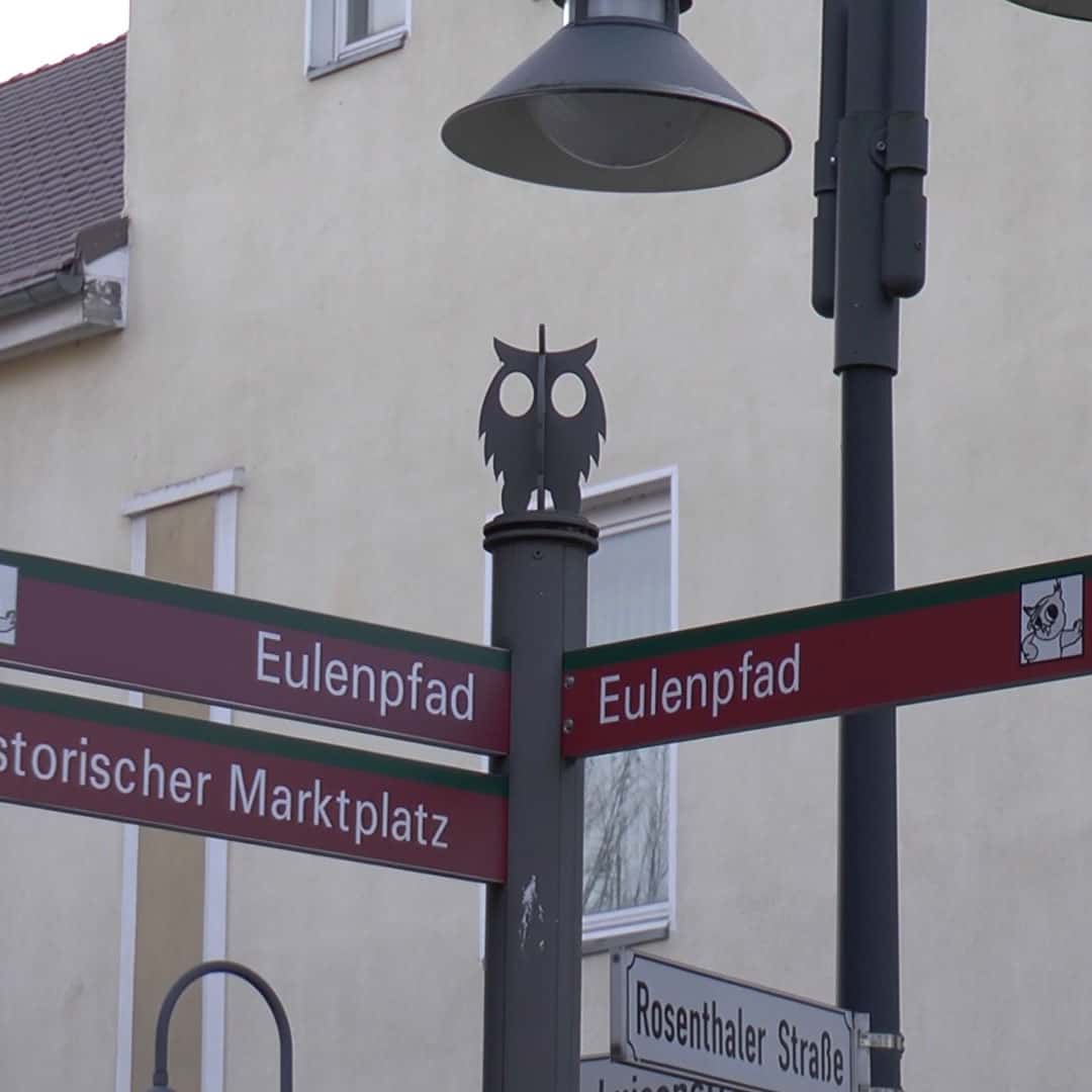 Signpost with an owl on the owl trail in Peine