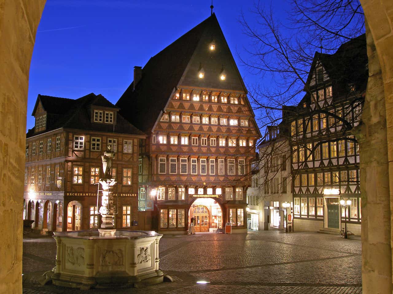 Historic market square in Hildesheim at night
